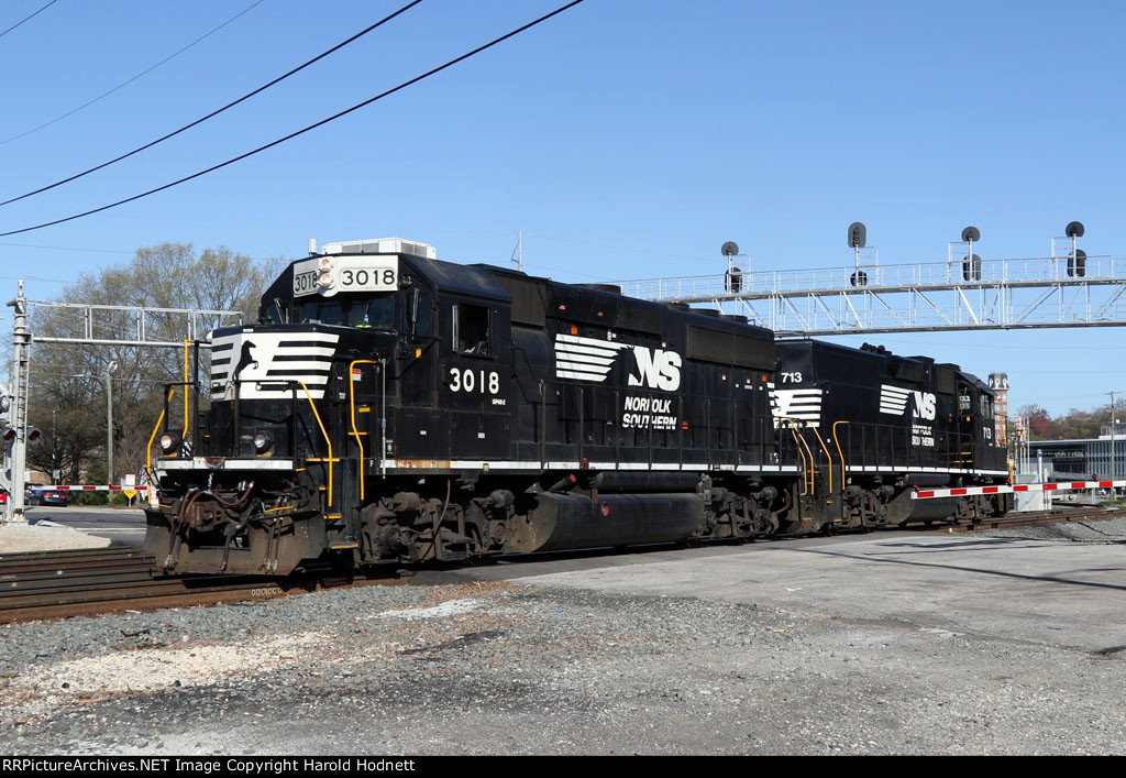 NS 3018 & 718 are power for train E60, headed for South Raleigh